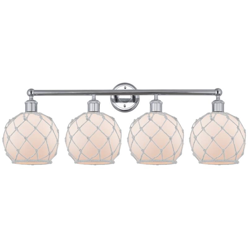 Innovations Lighting Endless Possibilities Edison - Farmhouse Rope - 4 Light 35" Bath Vanity Light - Polished Chrome/White Glass with White Rope