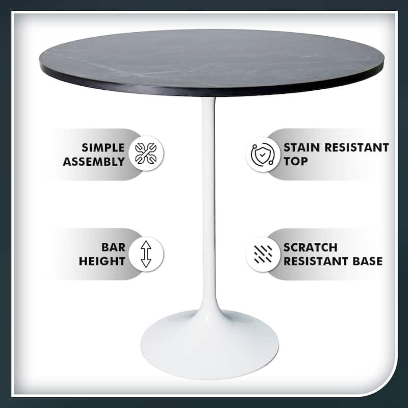 LeisureMod Verve 36" Bar Dining Table with Sintered Stone Round Top in White Steel, White Marbleized