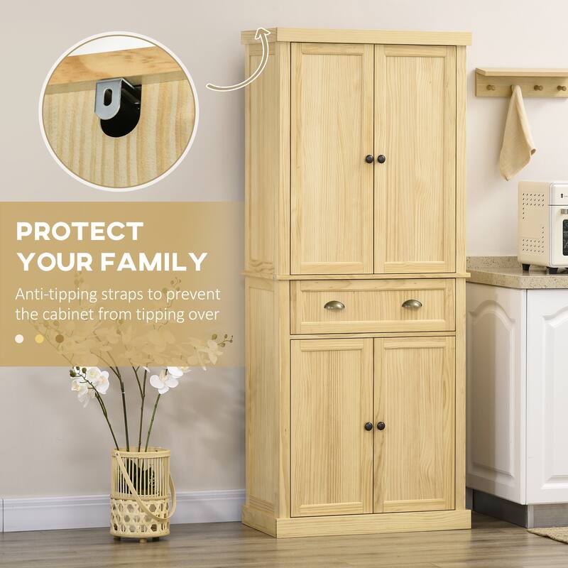 HOMCOM 72" Pinewood Large Kitchen Pantry Storage Cabinet, Freestanding Cabinet with Shelf Adjustability, Soft-Close Mechanism