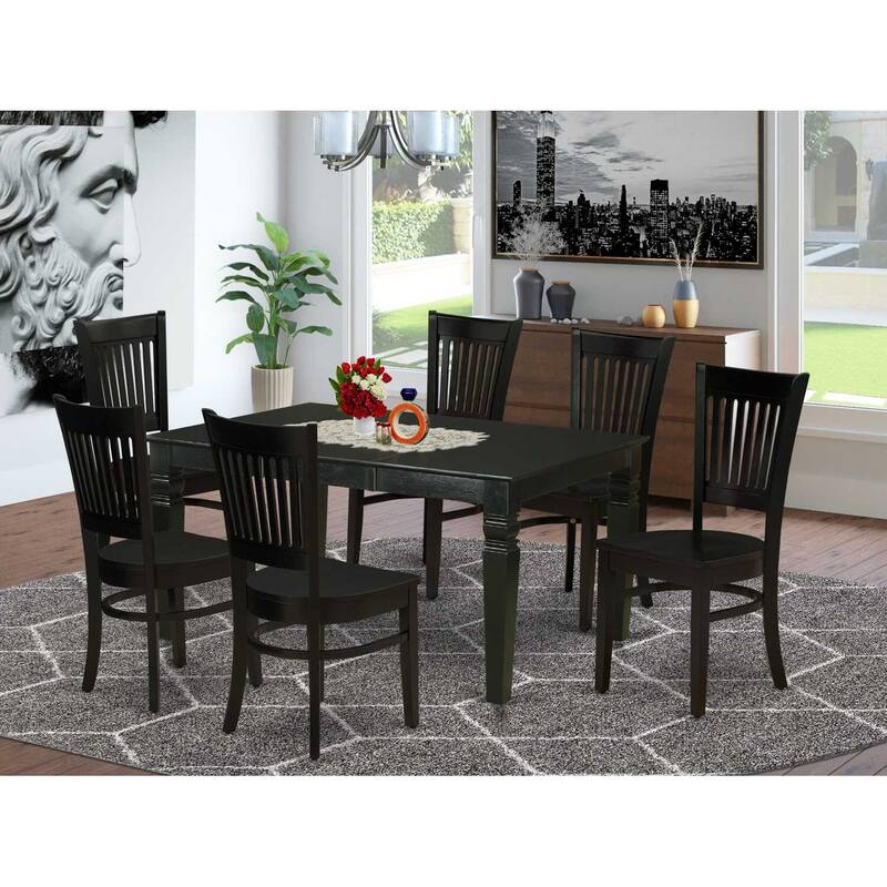 HomeStock 7-Pc Rectangle Black Finish Solid Wood Top Dining Table with 6-Chairs with Butterfly Leaf Slat Back