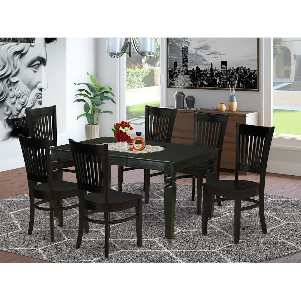 HomeStock 7-Pc Rectangle Black Finish Solid Wood Top Dining Table with 6-Chairs with Butterfly Leaf Slat Back