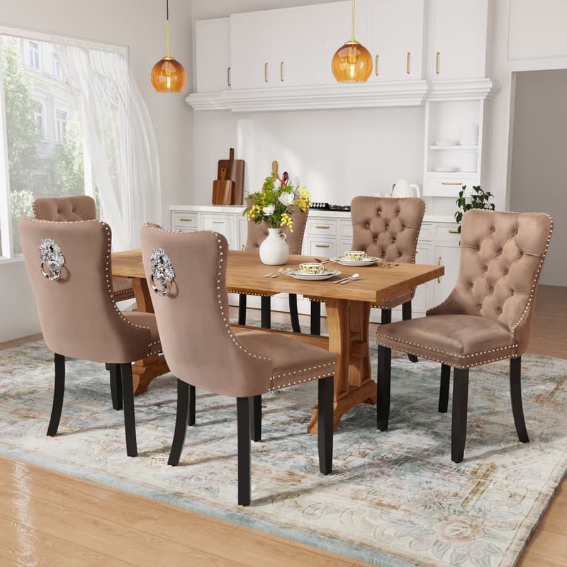 Solid Wood Velvet Upholstered Dining Chair Set of 6 - Khaki