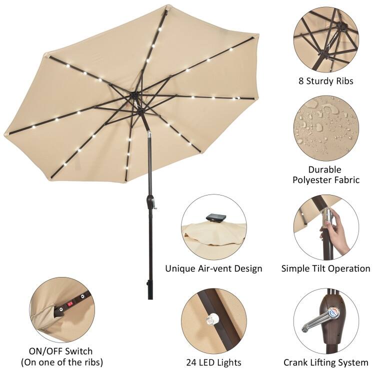 10' Solar LED Lighted Patio Market Umbrella Shade Tilt Adjustment Crank