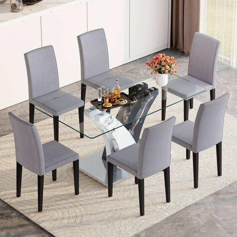 Stylish Dining Table and Chair Set, Modern Rectangular Glass Table with Upholstered Linen Chairs for Kitchen, Dining Room