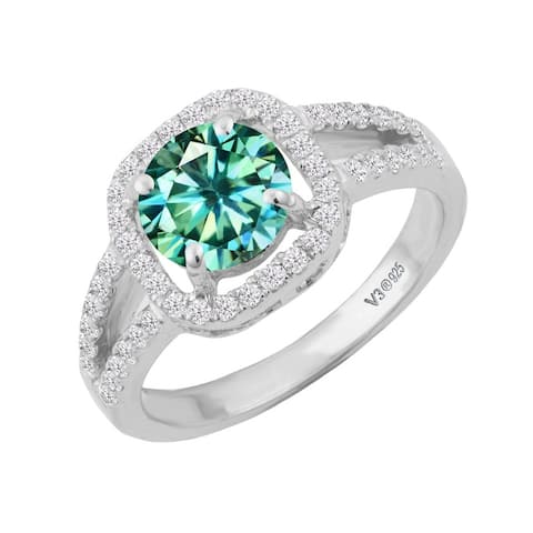 Sterling Silver with Green Moissanite and White Diamond Halo Ring