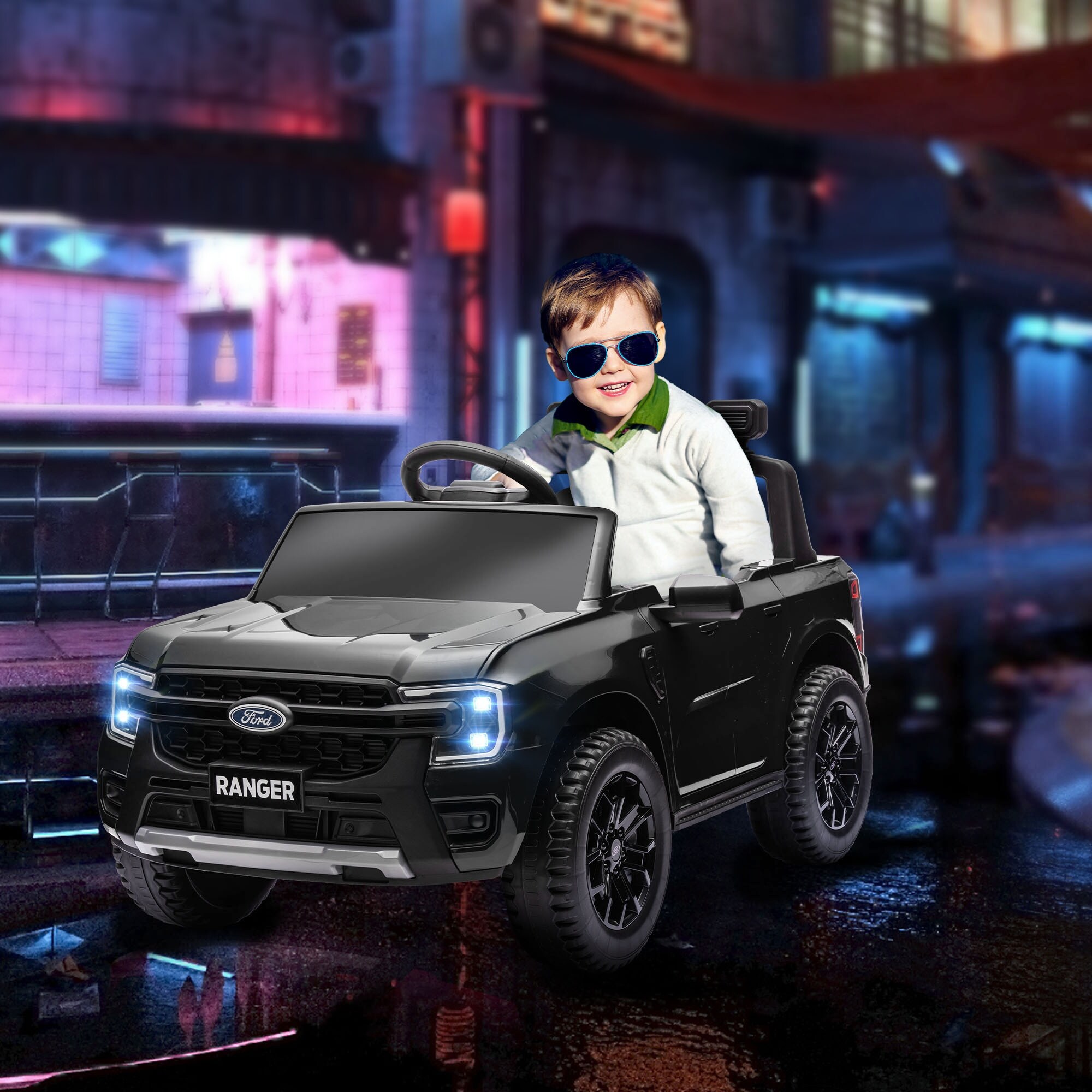Qaba 12V Ford Ranger Licensed Kids Ride On Truck Parental Remote Control Toy Storage Suspension LED Lights Music Black