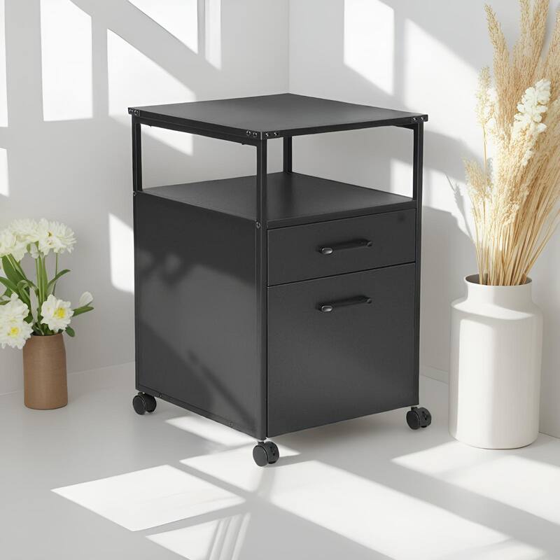 JJS Mobile Wood File Cabinet Open Shelf Filing Storage & Printer Stand for Letter-Size Hanging Files, Home Office Organizer