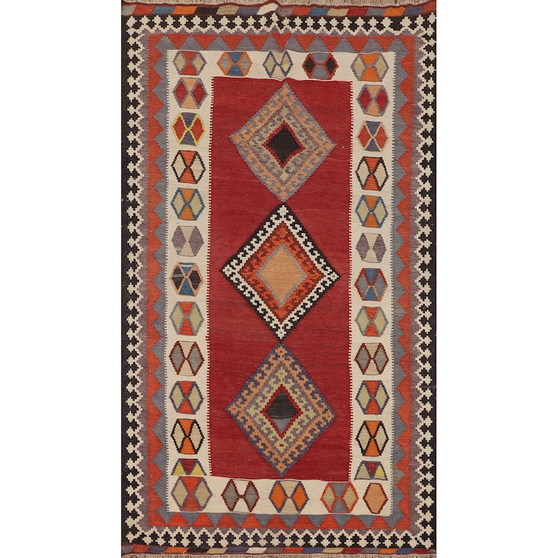 Kilim Qashqai Persian Vintage Rug Flatweave Tribal Red Wool Carpet - 4'5"x 8'1"