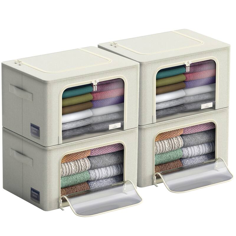 Sorbus Storage Bins with Metal Frame Stackable Foldable Clothes Organizer Bags Oxford Fabric With Clear Window & Handles- 4Pk - Beige