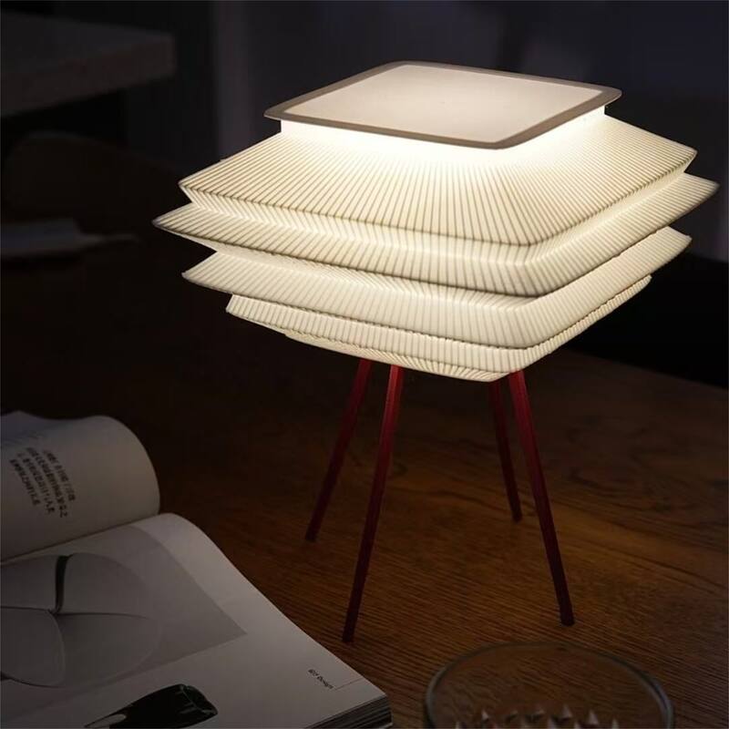 Sleek 3D Printed Table Lamp with Modern Pleated Shade & Red Tripod Base