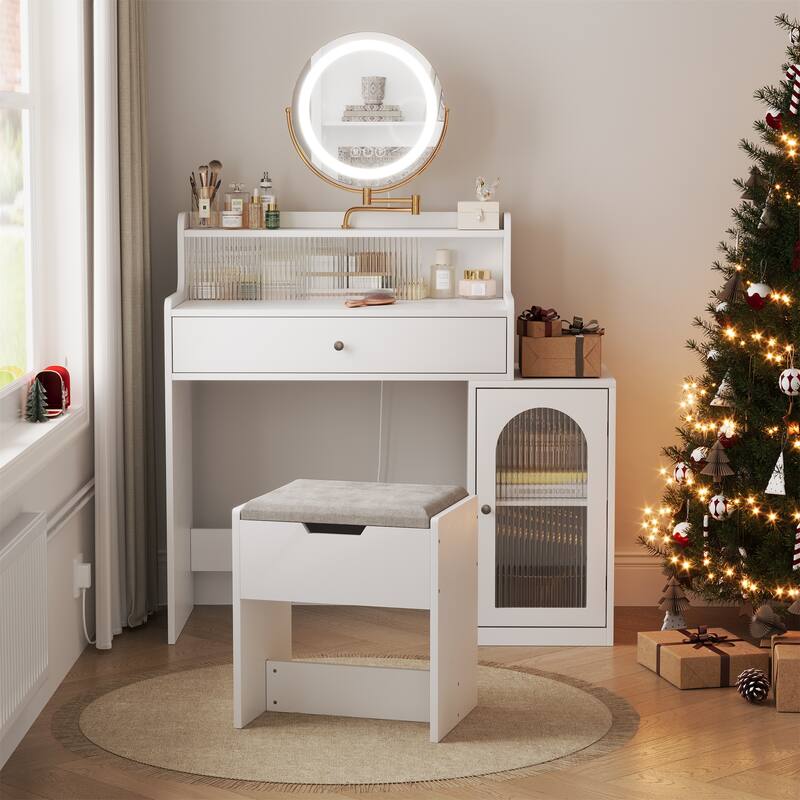 Vanity Desk with Rotated Mirror and Adjustable Lights - Antique White