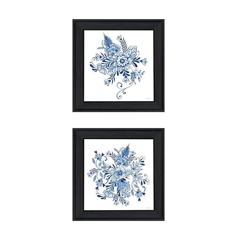Trendy Decor 4U "Delph Designs of Blue and White Florals" Printed Framed Wall Art by Cindy Jacobs - Charcoal - 15 x 15