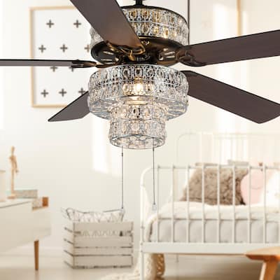 Silver Orchid March Silver Punched Metal and Clear Crystal Ceiling Fan - 52"L x 52"W x 21"H - 52"L x 52"W x 21"H