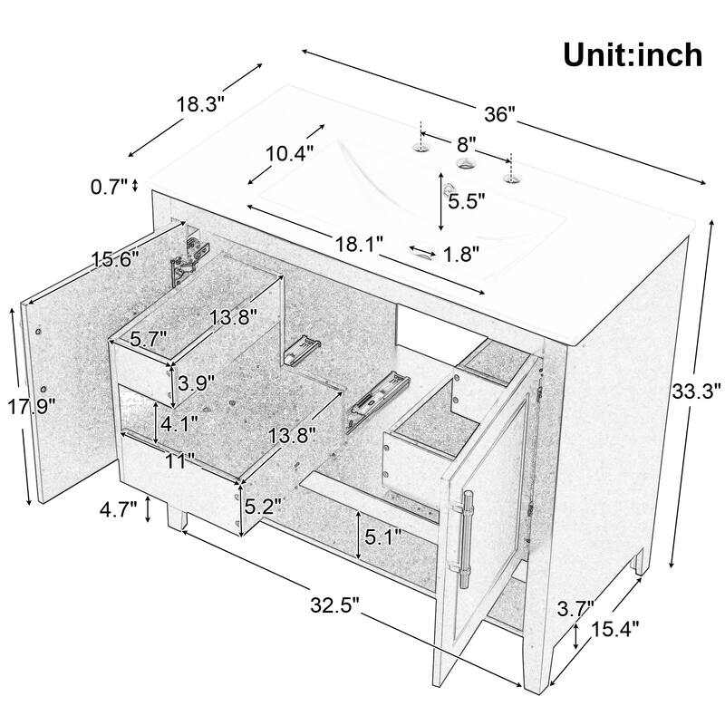 GDFStudio - Everett Langley 36-Inch Modern Freestanding Bathroom Vanity with Ceramic Sink - 36"