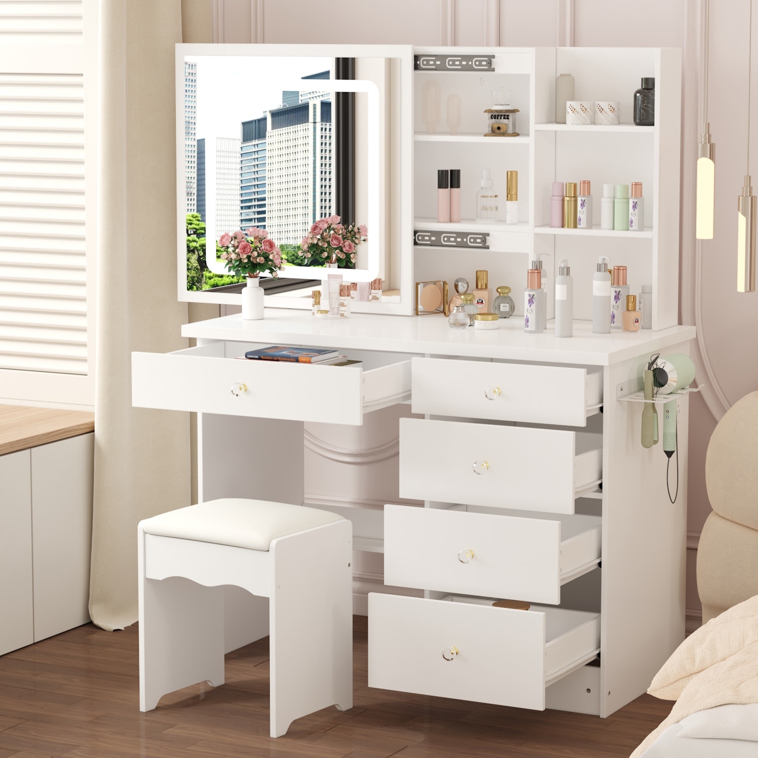 Cardone makeup station vanity sales set with stool and mirror