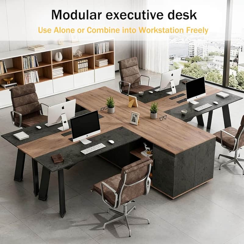 WESOME 63" Modern Executive Desk with 47" lateral File Cabinet, L-Shaped Desk with Storage Shelves and Doors