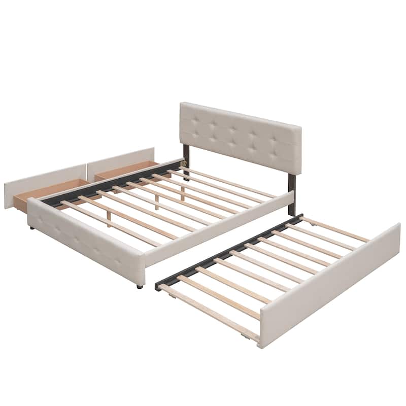 Upholstered Queen Size Platform Bed w/2 Drawers & 1 Twin XL Trundle