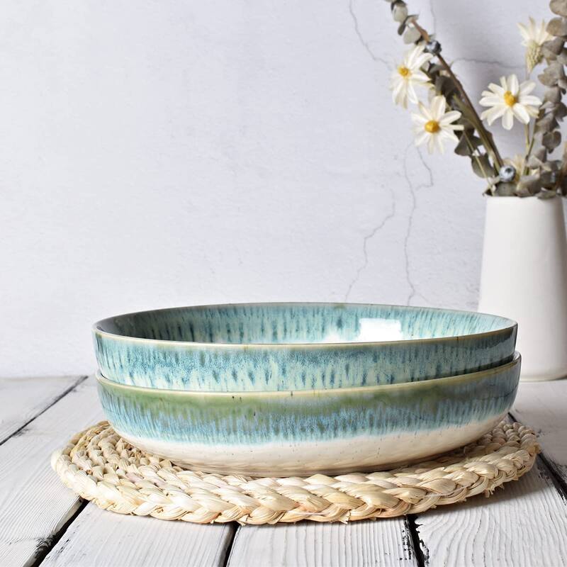 Stoneware Large Pasta Bowls, 40 Oz, Set of 4, Big Salad Bowls, Microwave and Dishwasher Safe (Light Turquoise Green, 9.3 in)