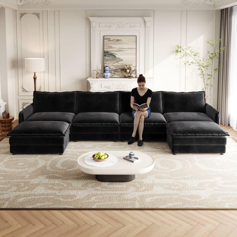 Oversized U-shape Upholstered Couch Deep Seat Sleeper Sectional Sofa with 2 Ottomans - Black