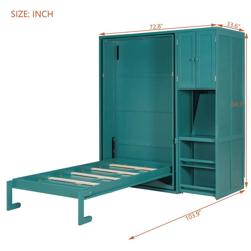 Twin Size Rotating Murphy Wall Bed with Bookshelf, Top Cabinet, Extendable Desk and Side Storage