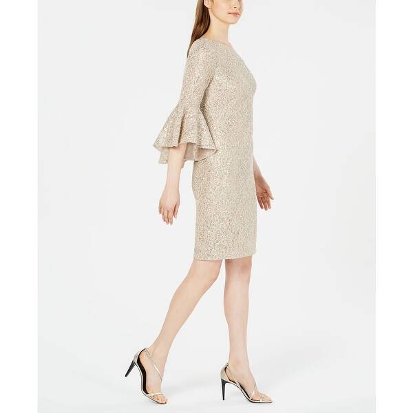 Calvin Klein Women's Beaded Floral Bell Sleeve Asymmetrical Neckline Above  The Knee Sheath Evening Dress Beige Size 16 - Bed Bath & Beyond - 40566655