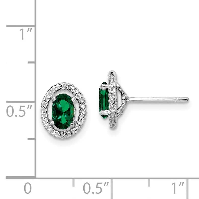 Curata 925 Sterling Silver Rhodium Plated Created Emerald Oval Post Earrings 9.6x7.85mm