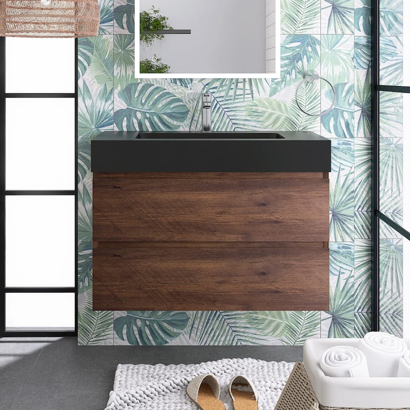Floating Bathroom Vanity with Black Solid Surface Top - 35.8'' x 18.1'' x 25.2'' - Walnut