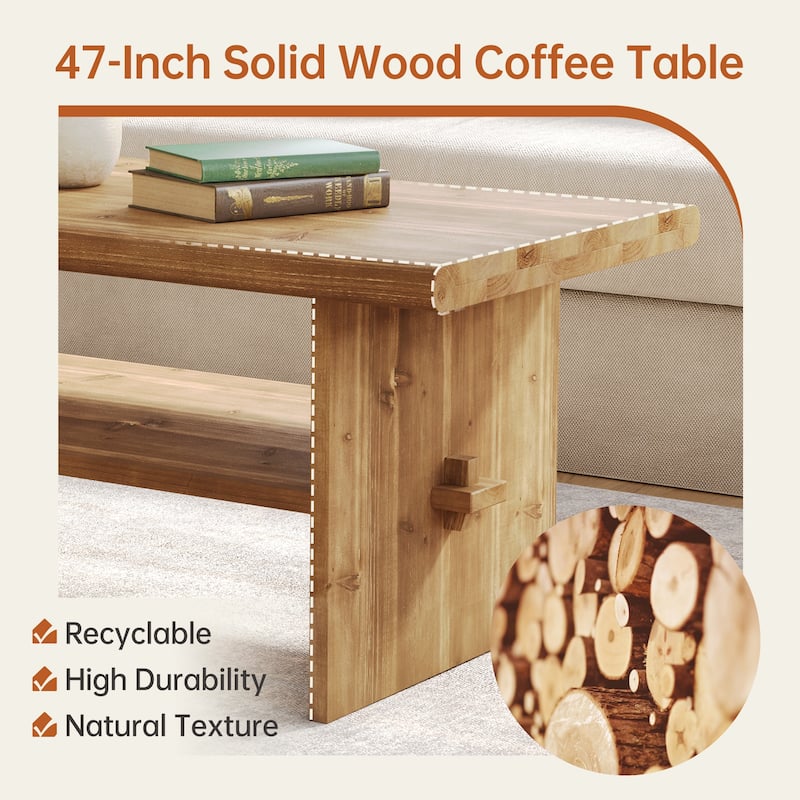 47-Inch Solid Wood Coffee Table for Living Room, 2-Tier Rectangular Center Table