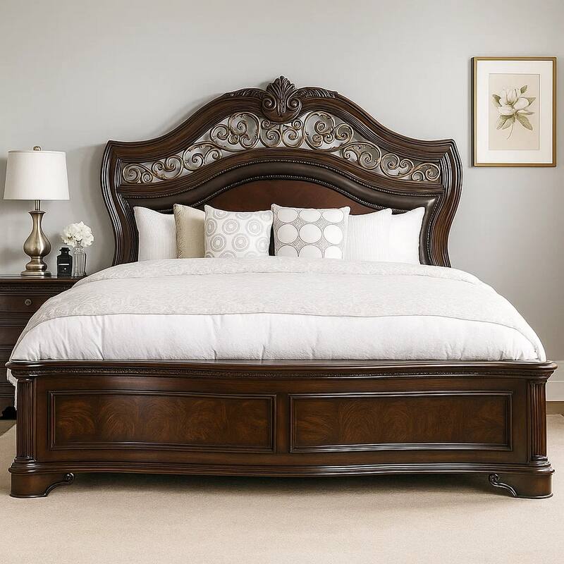 Odora Ornate Carved Queen Bed, Faux Leather Upholstery, Brown, Gold