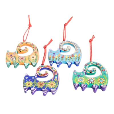 Novica Handmade Festive Felines Ceramic Ornaments (Set Of 4)