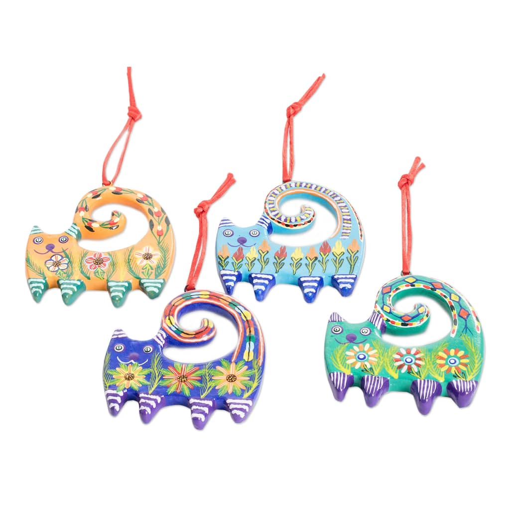 Novica Handmade Festive Felines Ceramic Ornaments (Set Of 4)
