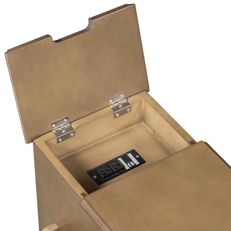 Vintage Side Table with USB Ports Flip Top and Storage Drawer - 22.8" H x 24.4" W x 12.6" D