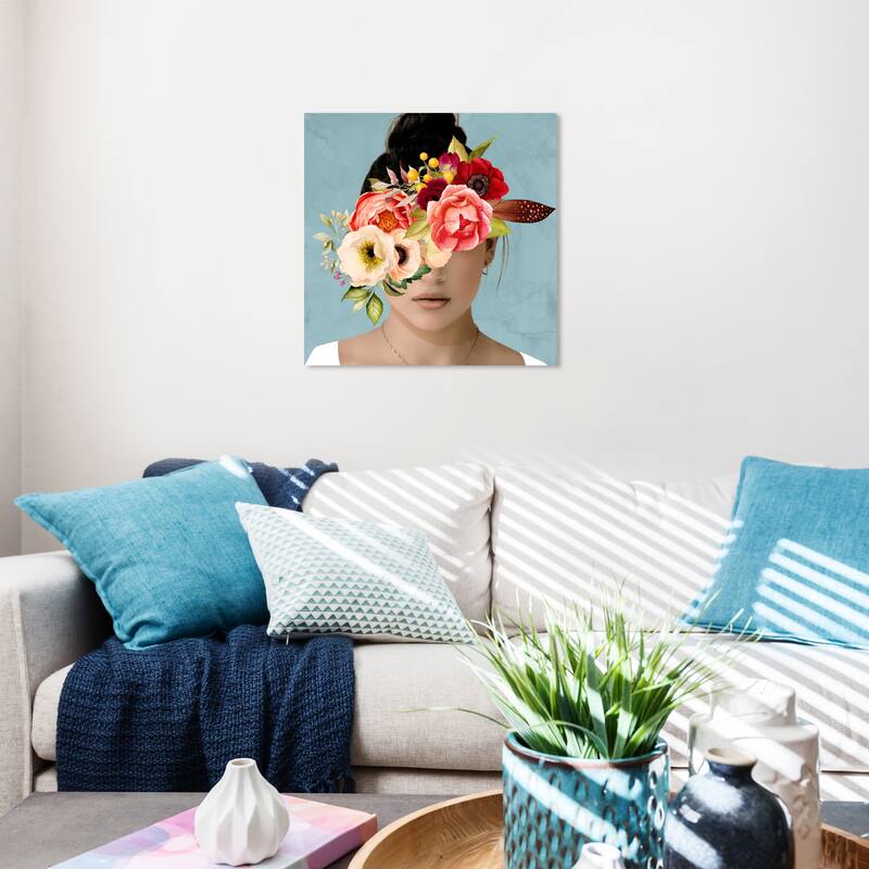 Wynwood Studio Canvas People and Portraits Hidden Beneath Florals Blue and Salmon Traditional Wall Art Canvas Print - 20 x 20