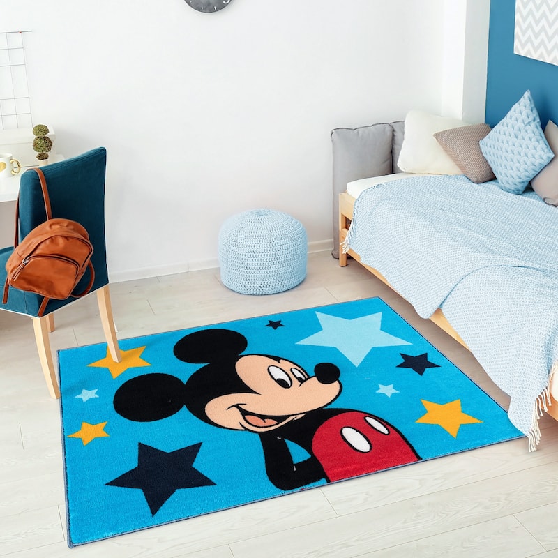 Licensed Disney Mickey Mouse Stars Blue Black Yellow Non-Slip Easy Care Soft Polyester Youth Kids Rug 3x5 - 3' 4" x 4' 6"