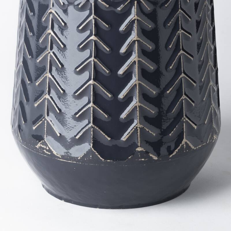 Modern Embossed Metal Vase in Dark Blue for Home Decor and Accents