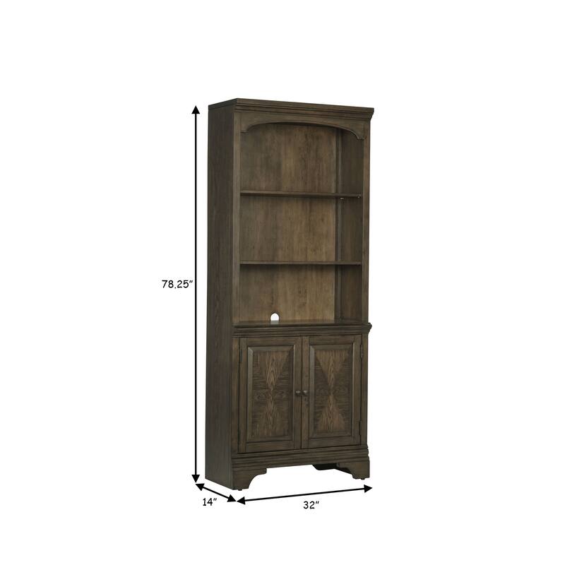 Tia 78 Inch Classic 3 Tier Rubberwood Bookcase, 2 Door Cabinet, Oak Brown