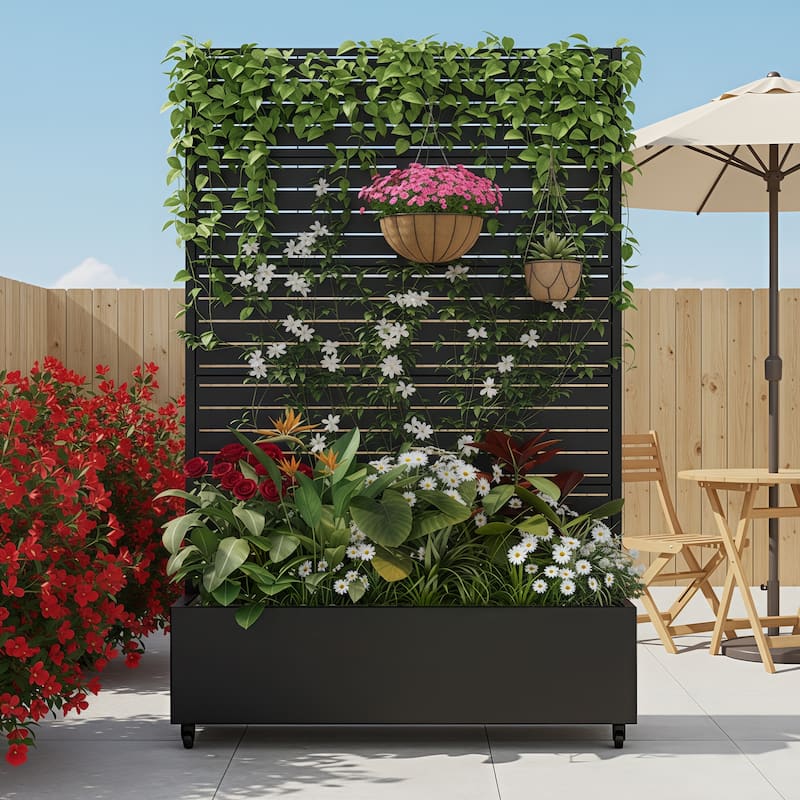 Metal Galvanized Planter Box with Trellis Privacy Screen Lockable Wheels - 72"x47"