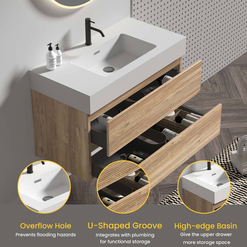 GDFStudio - Grace Wall-Mounted Bathroom Vanity with Engineered Quartz Sink & Soft Close Drawers, without Drainage and Faucet