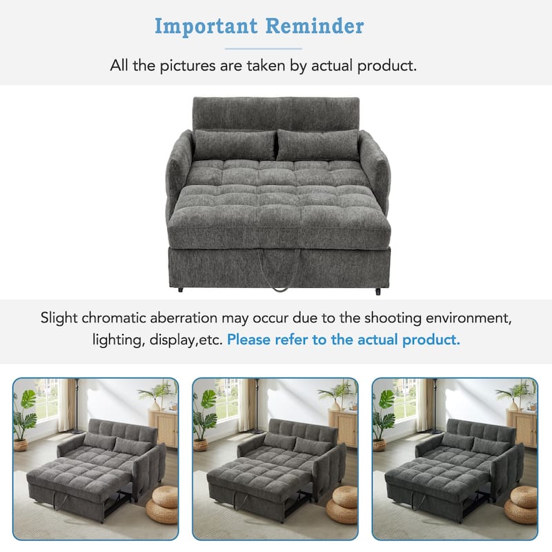 Anmytek 52.8" Modern Multi-Functional Tufted Loveseat Sleeper Sofa Adjustable Backrest 3 USB Ports 2 Lumbar Pillows