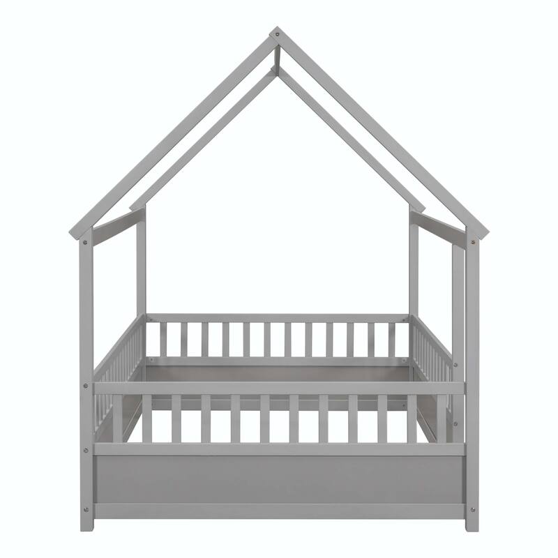 Full Size Floor Wooden Bed with Fence Guardrails