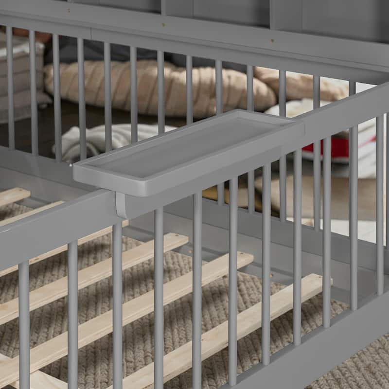 Full Size Kids House Bed with 2 Storage Drawers, Side Bookshelf with LED Strip, Guardrails and Charging Station