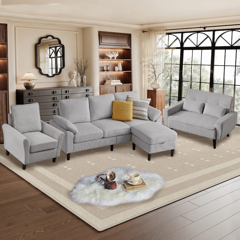 4-Piece Corduroy Living Room Sectional Sofa Set with Loveseat and Chair