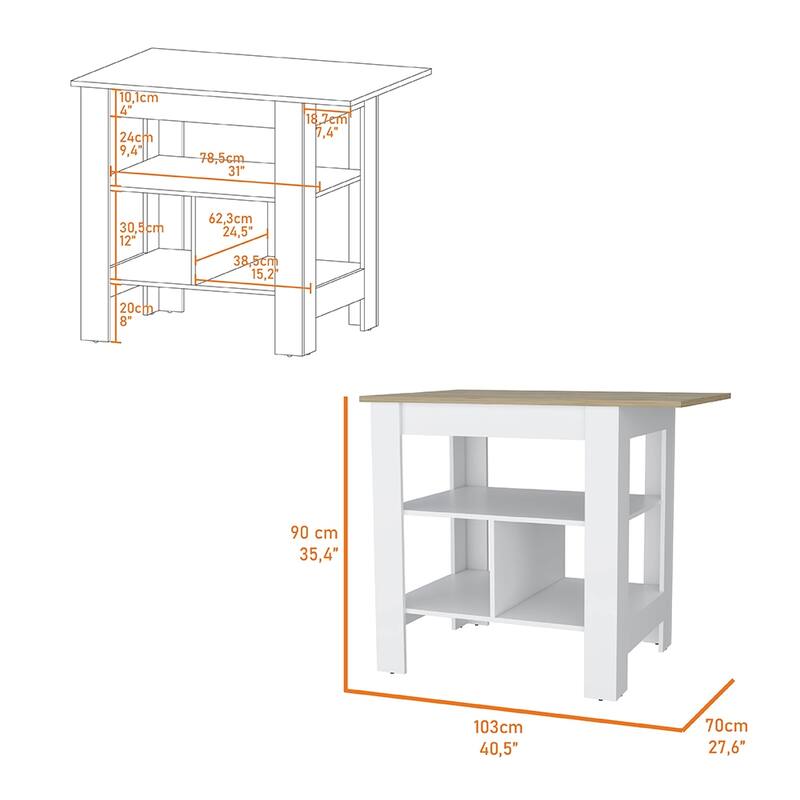 Kitchen Island,Storage Island with Three Shelves - Stationary - White - Wood