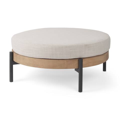 Colburne Cream Fabric w/Light Brown Solid Wood & Black Metal Legs Round Ottoman