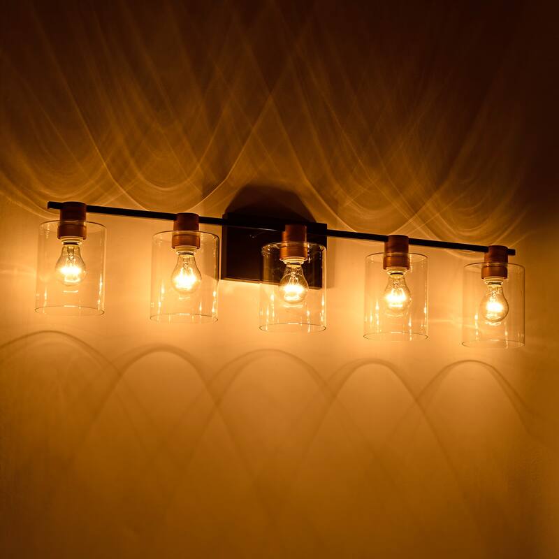 5-Light Matte Black Modern Vanity Lights with Glass Shade, Vintage Light Fixture Bathroom for Kitchen Dining Room