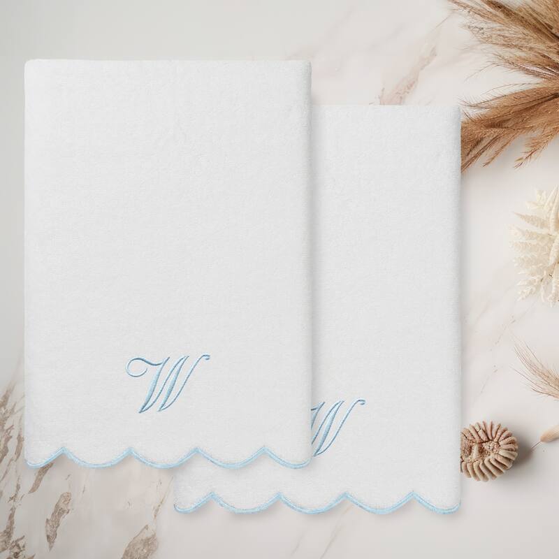 Authentic Hotel and Spa 100% Turkish Cotton Blue ADORNIA Scallop Personalized 2 Piece Bath Towel Set - 2 Bath Towels