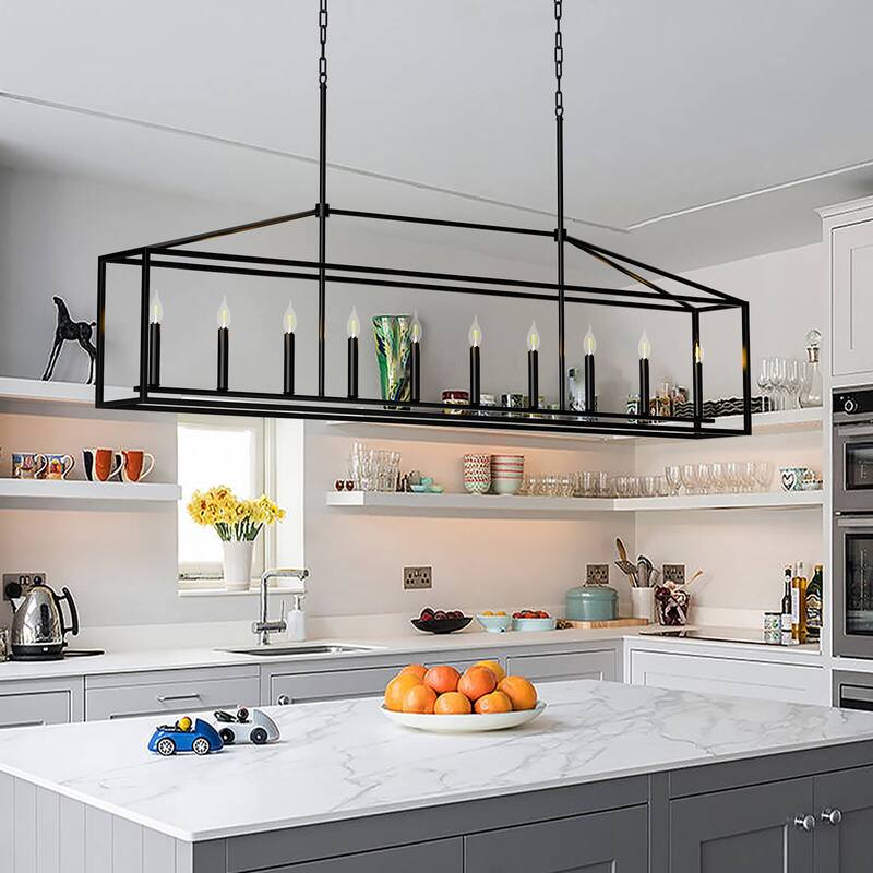 10-Light Rectangular Kitchen Island Chandelier Black Adjustable Farmhouse Pendant Light with Open Frame Design - 78.74 - 78.74 - Black