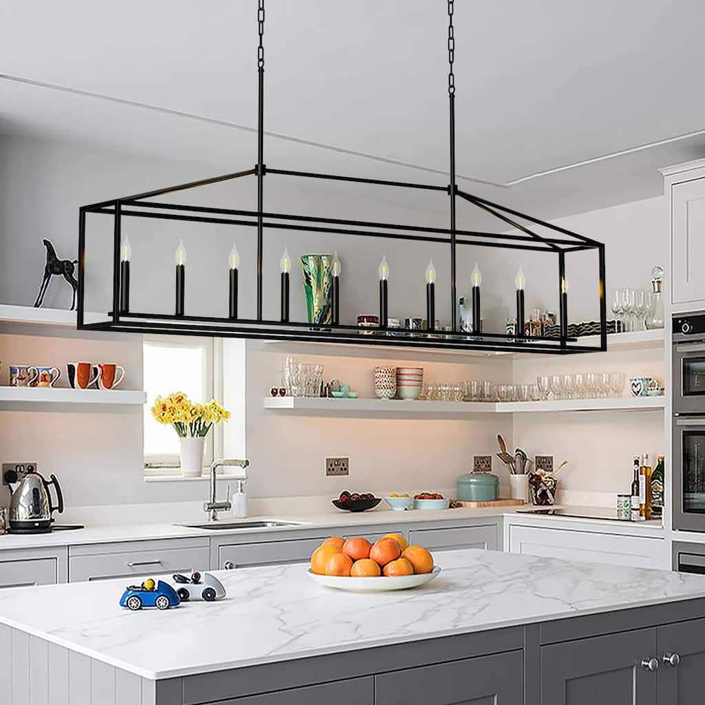 10-Light Rectangular Kitchen Island Chandelier Black Adjustable Farmhouse Pendant Light with Open Frame Design - 78.74