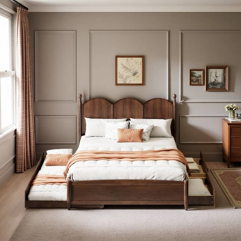 Queen Platform Bed with Twin XL Trundle and Dual Storage Drawers, Solid Wood Frame, Curved Headboard, Space-Saving - Walnut