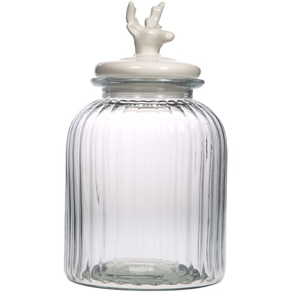 Palais Glassware Preserving Glass Canister Food Jar with Ceramic Lid Handle (Medium, Striped Pattern with White Deer Lid)